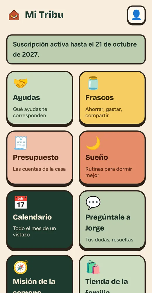 Inicio de Mi Tribu con las tarjetas de Ayudas, Frascos, Presupuesto, Sueño, Calendario y más