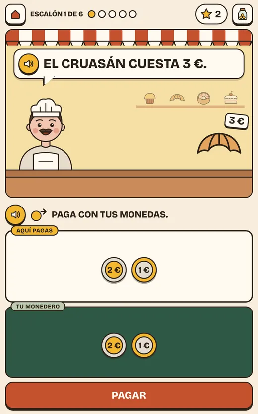 Juego de pagar el cruasán con monedas en una panadería