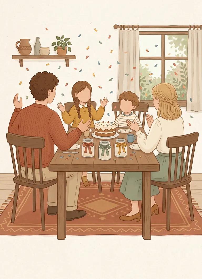 Una familia celebra alrededor de la mesa con tres frascos y una tarta