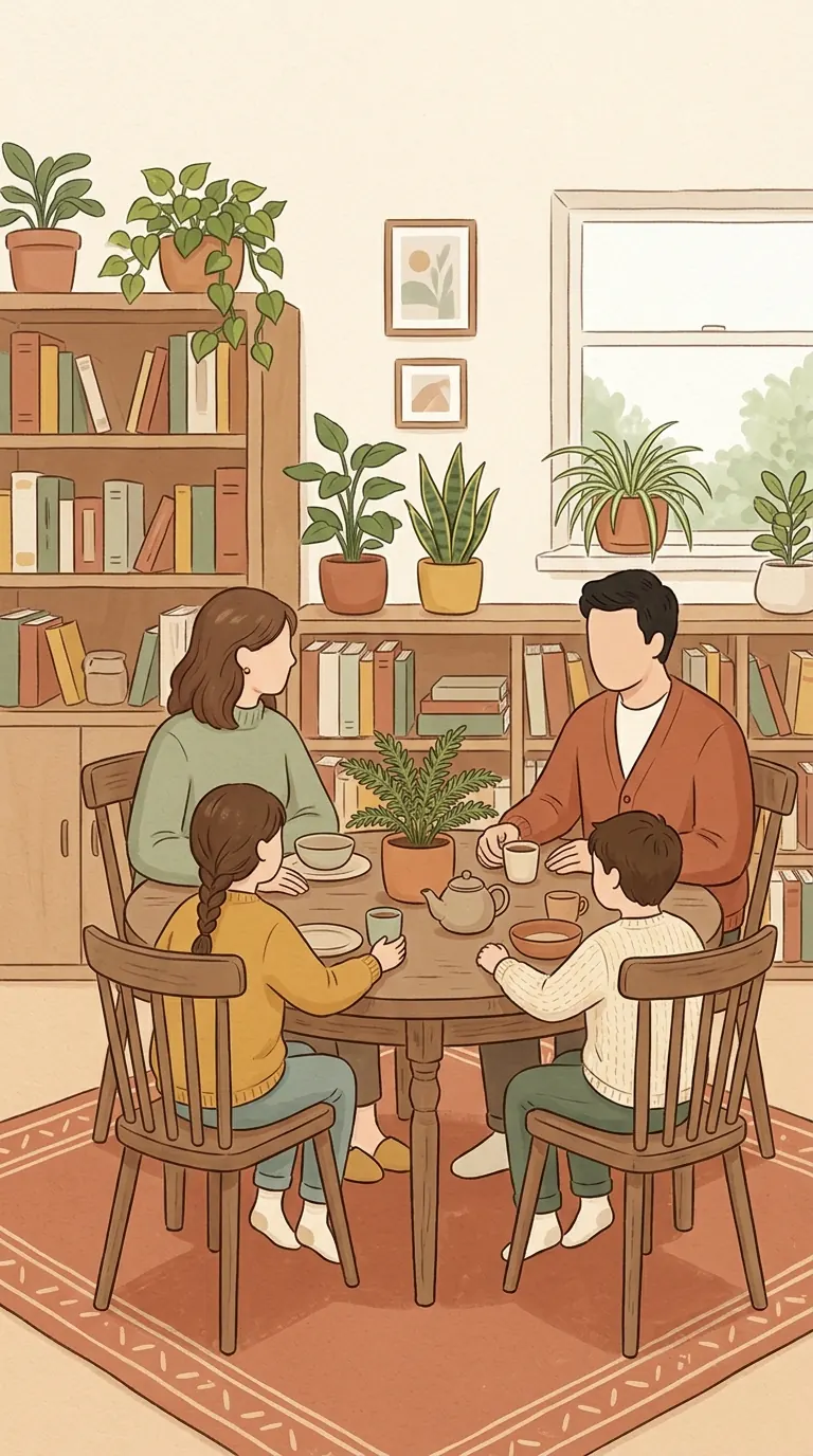 Una familia conversando alrededor de la mesa del salón