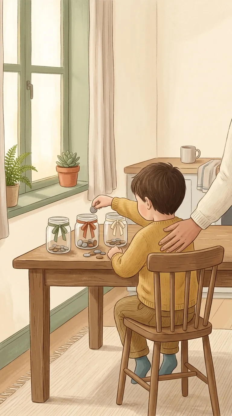 Un niño de espaldas reparte monedas en frascos sobre la mesa de la cocina