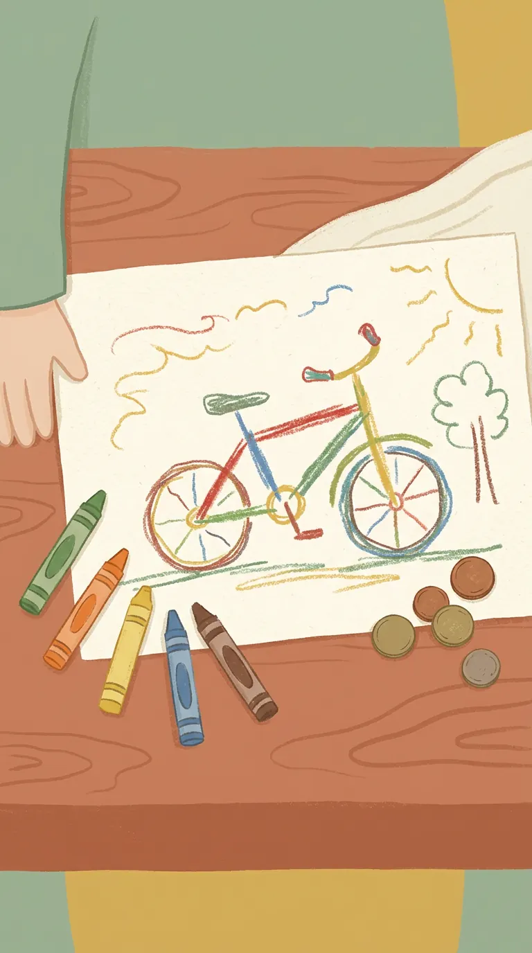 Dibujo infantil de una bicicleta con lápices de colores y monedas